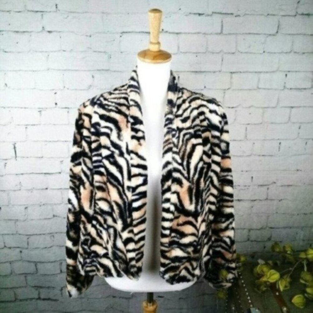 Kate & Rosy Soft Faux Fur Teddy Open Front Print Jacket Tan Medium